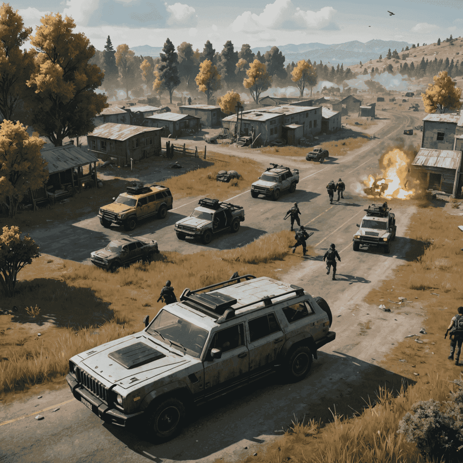 A screenshot of PUBG Mobile gameplay showing characters in a battle royale setting with weapons and vehicles