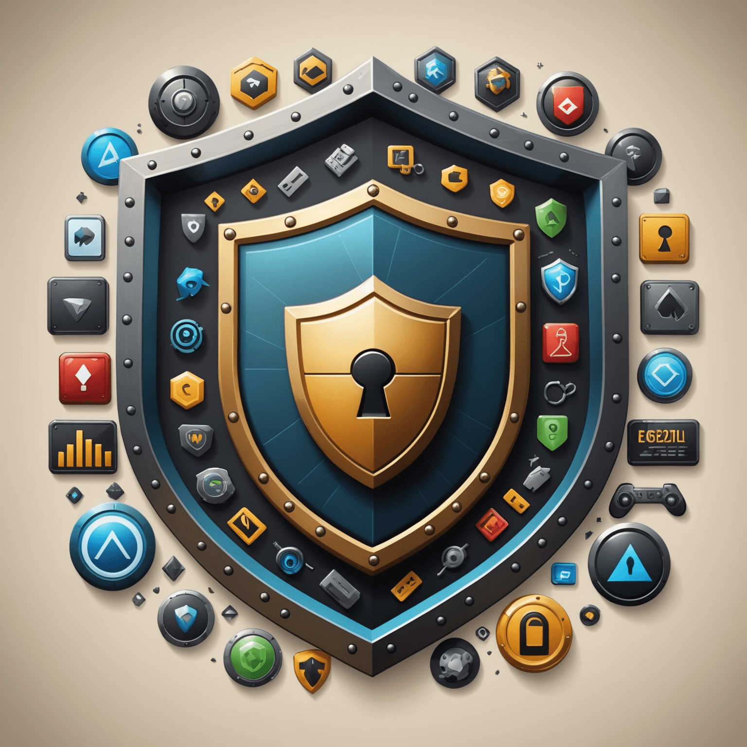 Illustration of a secure gaming environment with a shield, lock, and gaming icons, emphasizing the protection of personal information and gaming transactions