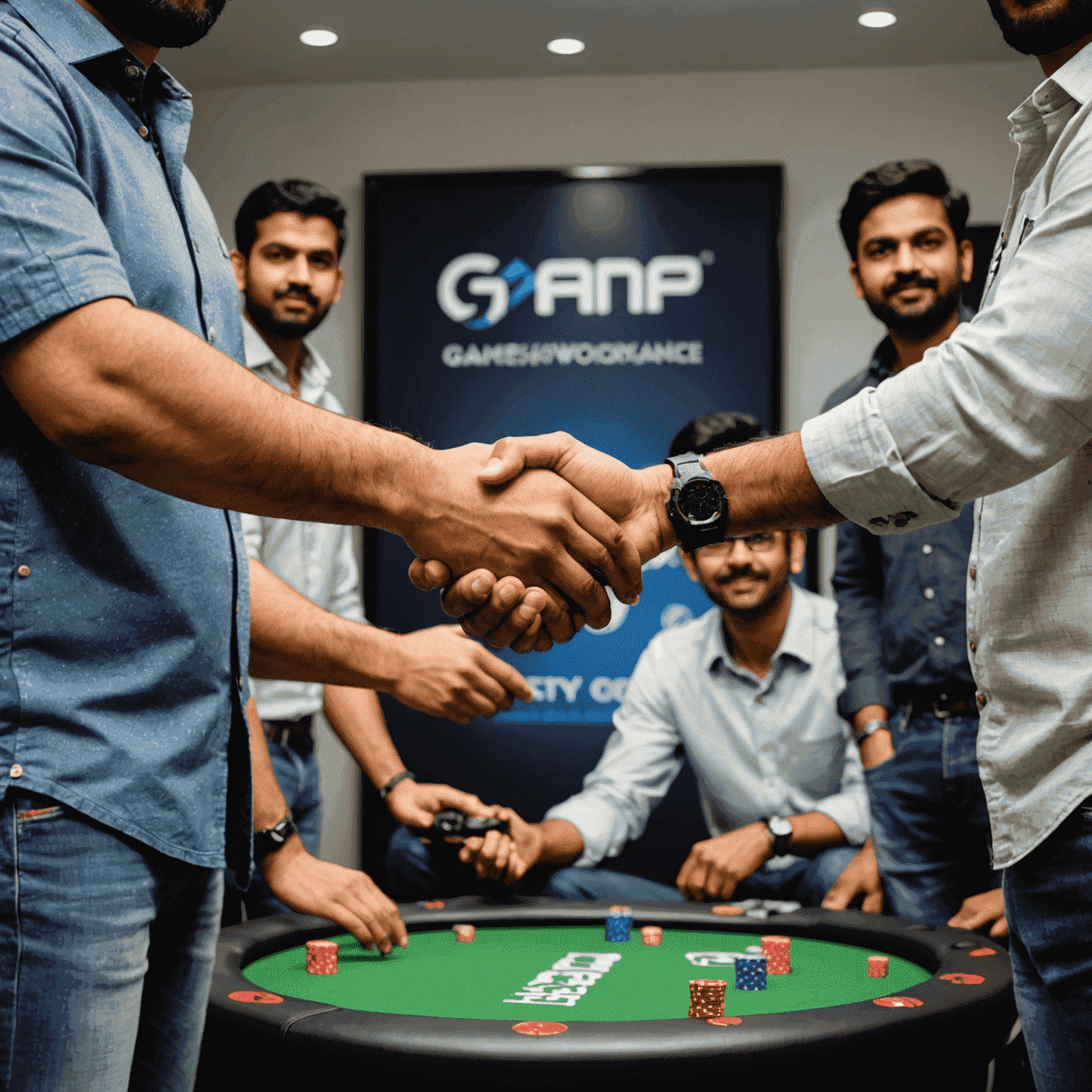 A handshake between representatives of Game Workspace India and top game providers, symbolizing their partnership to bring the best online gaming experience to Indian players